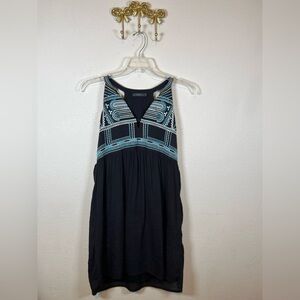 THML Black Mini Razorback  Dress with Blue & White Embroidered Bodice. Size S